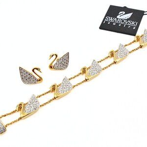 Illustrious SWAROVSKI Crystal Swan Bracelet Gold Tone Earrings Set